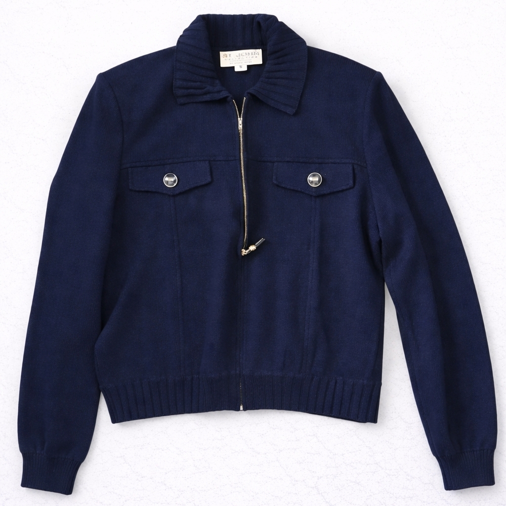 St. John Collection Midnight Blue Ruffle Collar Knit Jacket Sz Medium
